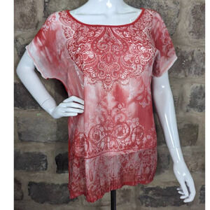 MEL And Mo Blouse Woman's Size Medium Orange White Design Short Sleeve‎